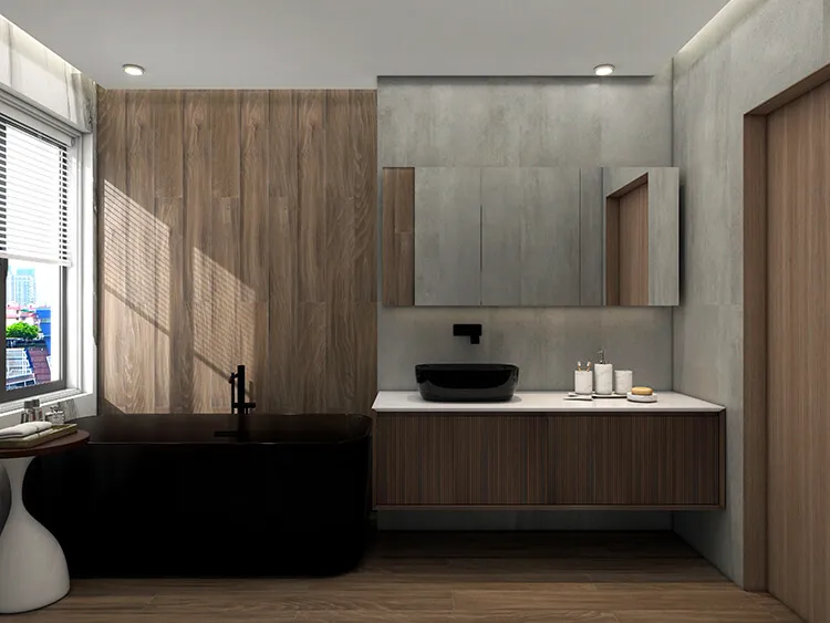 Koupelna s dřevem, betonem a moderním designem