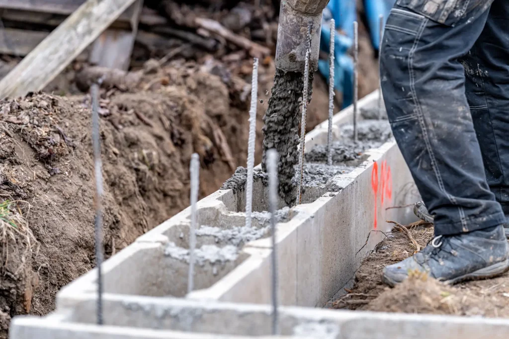 Zalévání betonu do podezdívky plotu s výztuhou