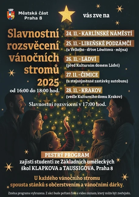Plakát oslav rozsvícení vánočních stromů v Praze 8.