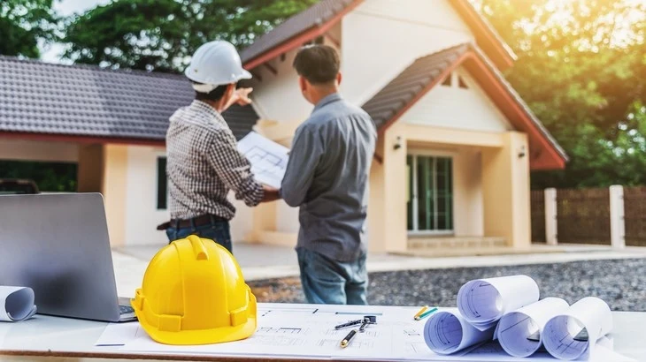 Architekti projednávají plány u nového domu na staveništi.
