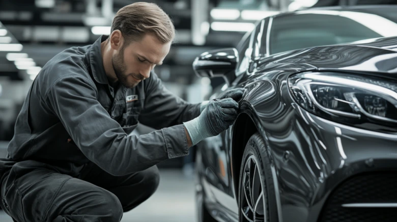 Autoklempíř opravuje karoserii vozu v dílně.