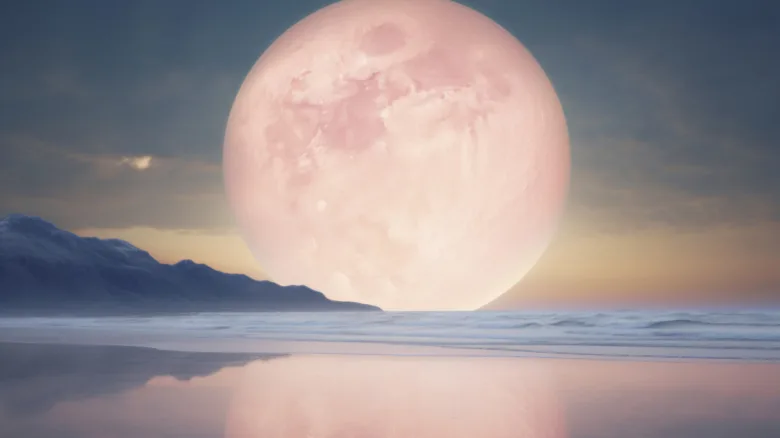 Růžový plný měsíc nad oceánem s odrazem ve vodě.