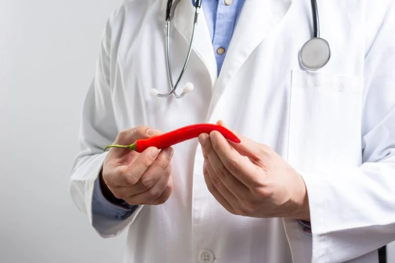 Lékař drží červenou chilli papričku v rukou.