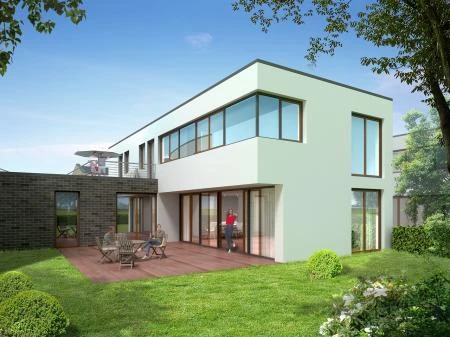Moderní modulární dům z betonu s velkým okny.
