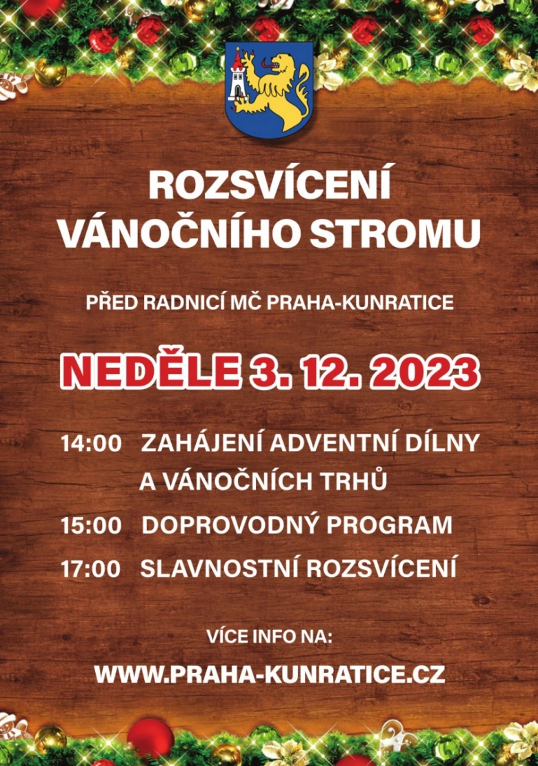 Plakát rozsvícení vánočního stromu v Praze-Kunraticích