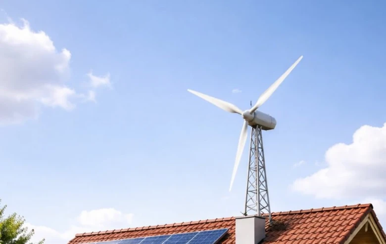 Bílá větrná turbína na střeše domu s fotovoltaickými panely.