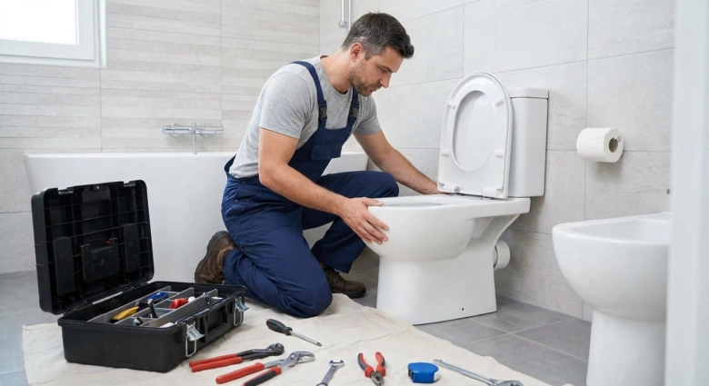 Instalatér montuje toaletu s nářadím v koupelně