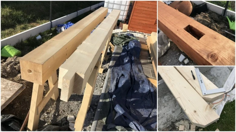 Příprava dřevěných nosníků pro stavbu pergoly