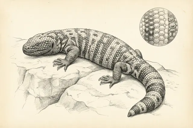 Ilustrace korovce jedovatého s detailním záběrem na kůži.