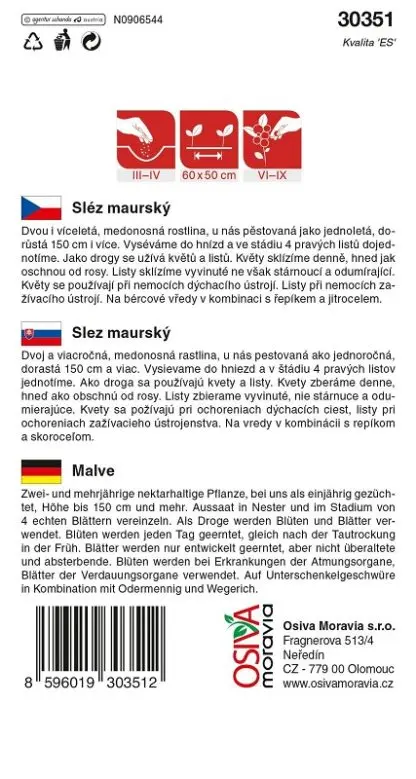 Slez maurský: pěstování a využití podle návodu na obalu.