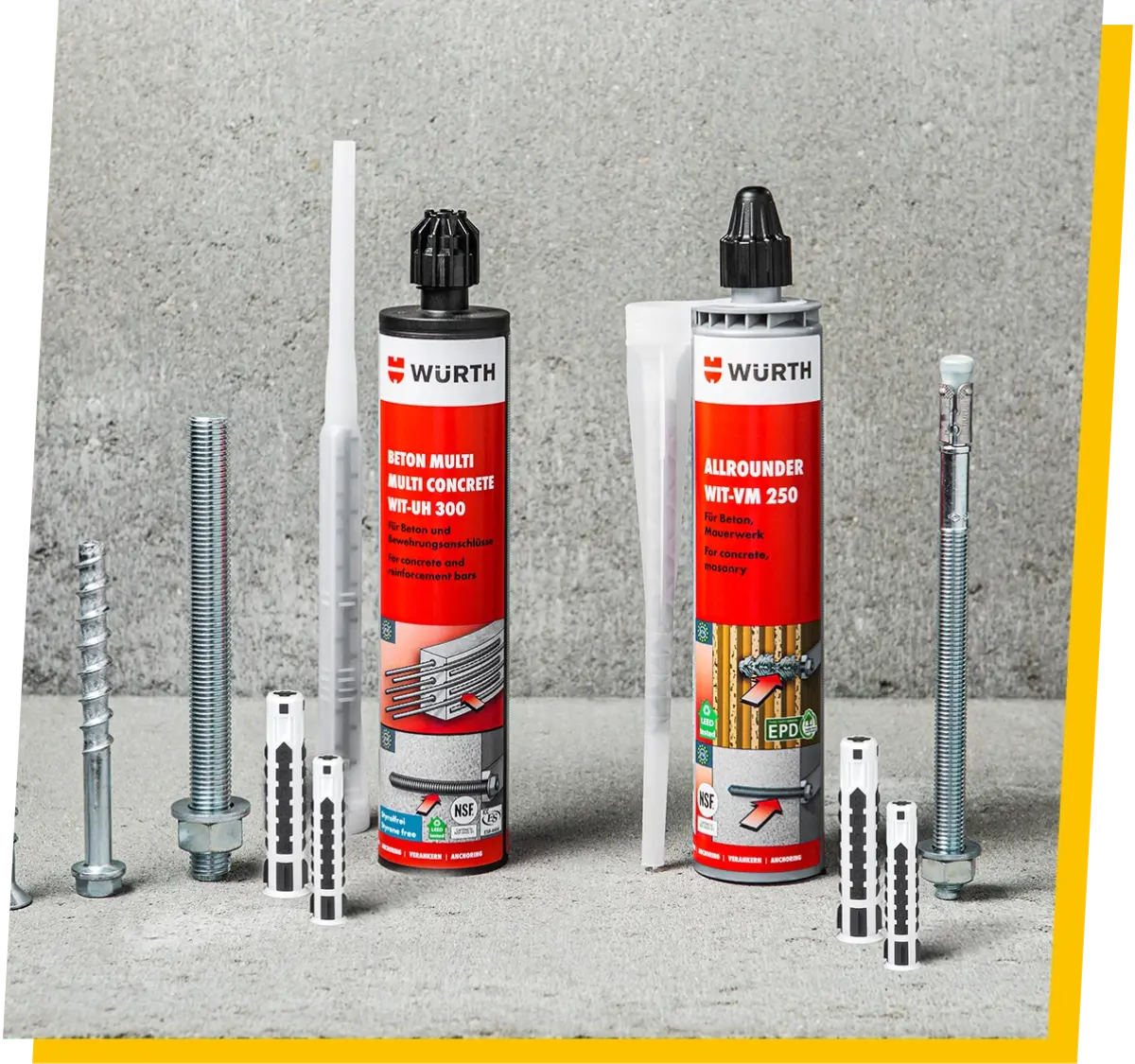 Concrete anchors and adhesives