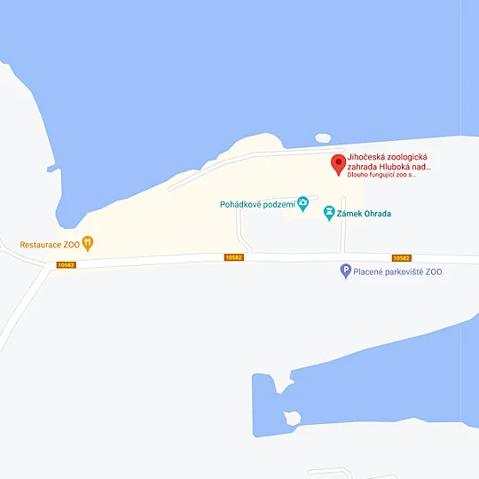 Mapa zoo v Hluboké nad Vltavou s okolními atrakcemi.