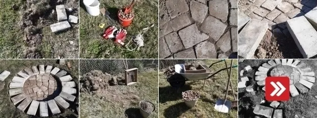 Postup stavby přírodního ohniště z kamenných dlaždic.