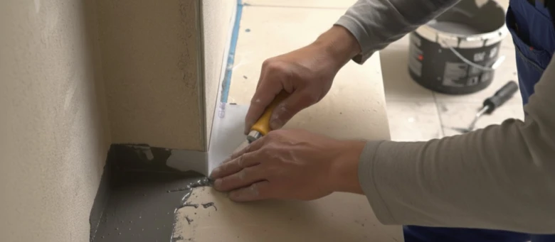 Práce na hydroizolaci v koupelně - aplikace těsnící hmoty pod vanu.