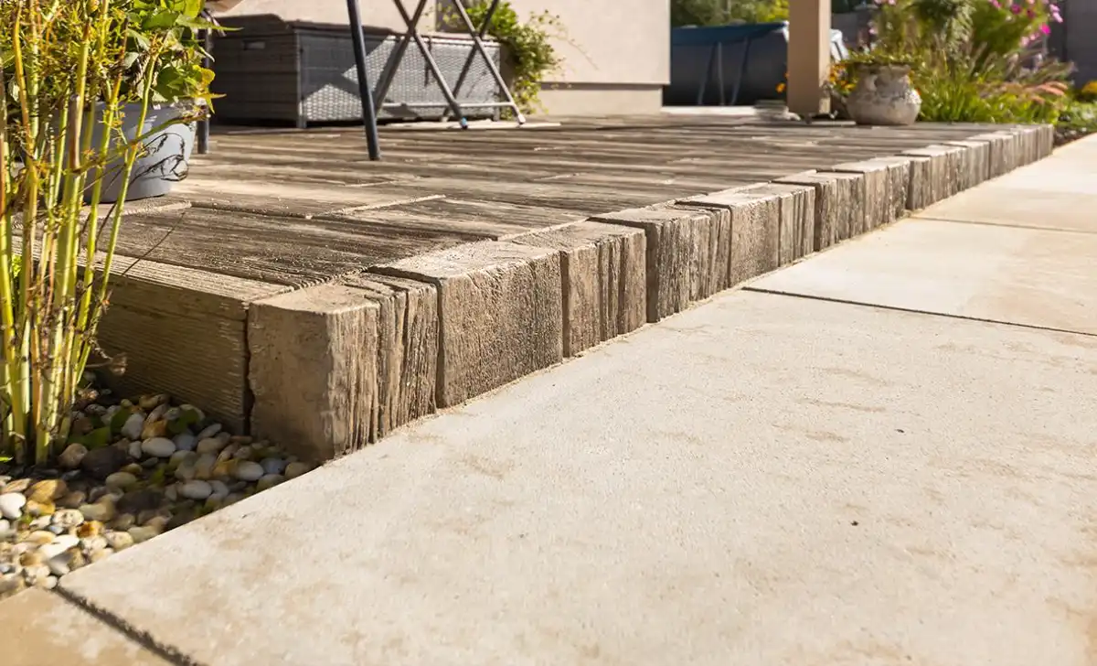 Betonový obrubník oddělující dřevěnou terasu od chodníku.