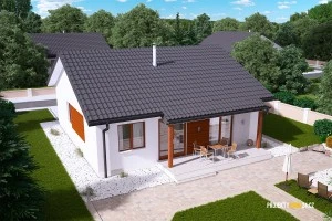 Modern jednopatrový dům s tmavou střechou v zeleném okolí.