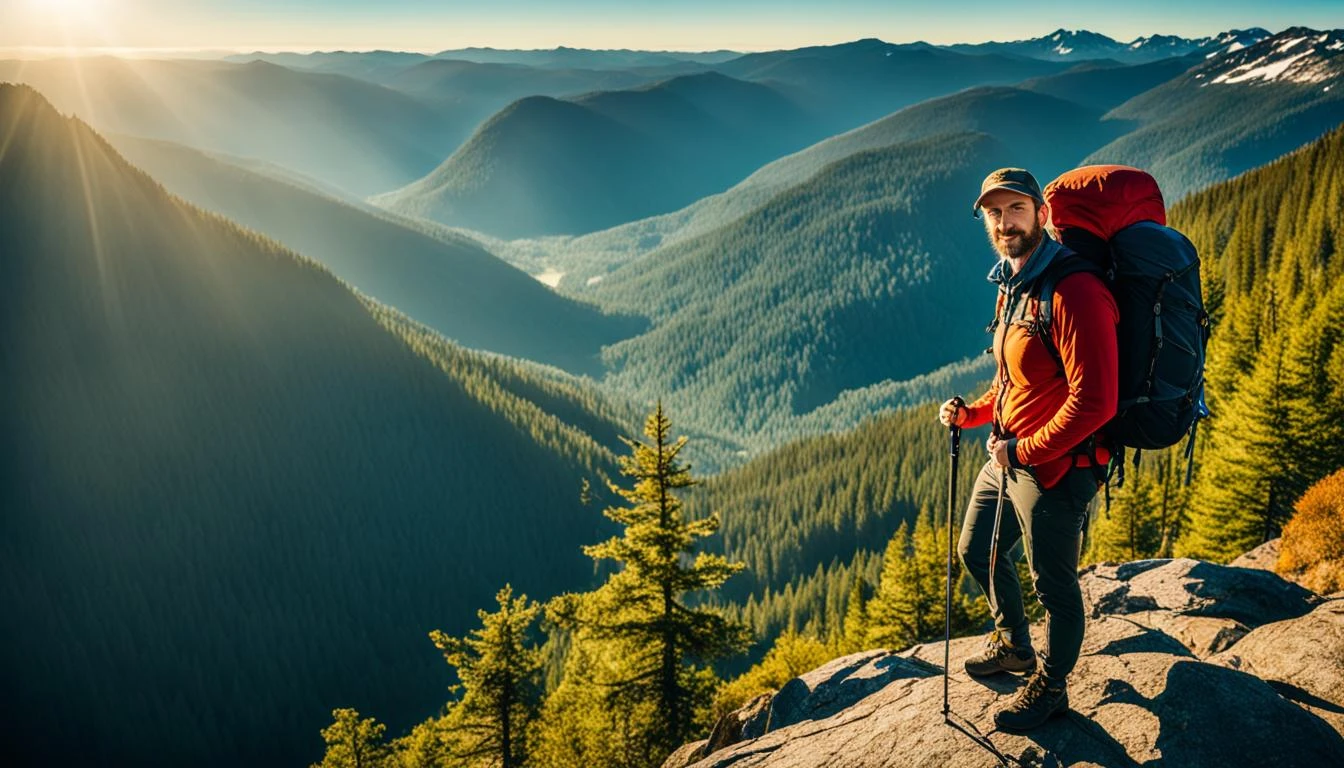 Hiking in mountains over forested valley landscape.