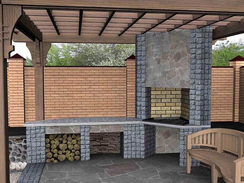 Zdivená pergola s krbem a grilováním pod dřevěnou střechou.