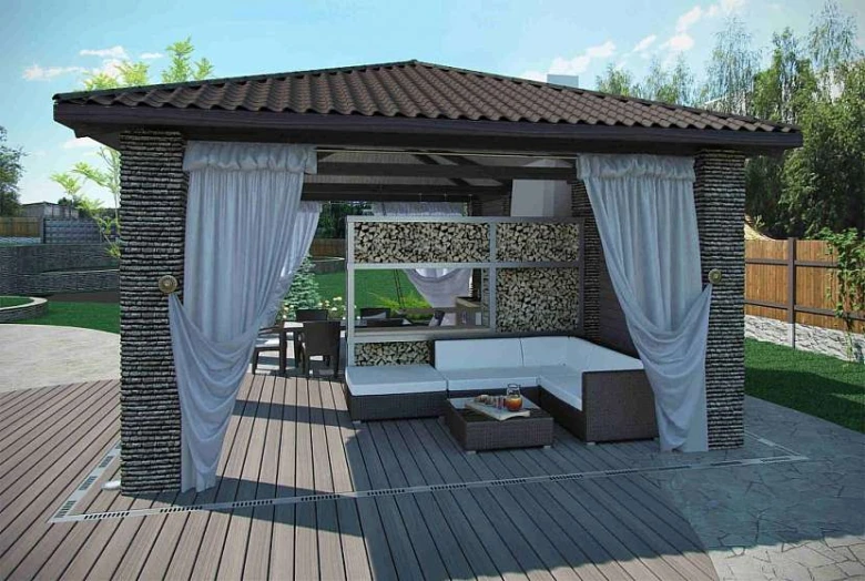 Kamenná pergola s pohovkou a úložným prostorem na dřevo