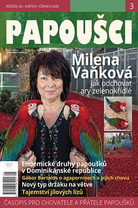 Žena s dvěma zelenokřídlými papoušky na obálce časopisu.