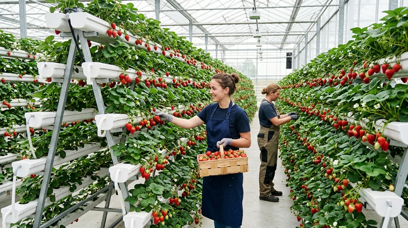 Ženy sbírají jahody v hydroponické skleníkové farmě.