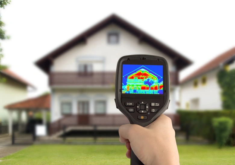 Termokamera ukazuje tepelné ztráty na fasádě domu.